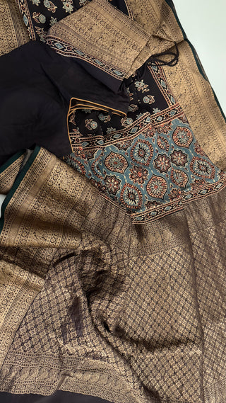 Handloom ajarakh hand block print with kanjivaram zari borders easy drape saree pallu silk with stitched blouse