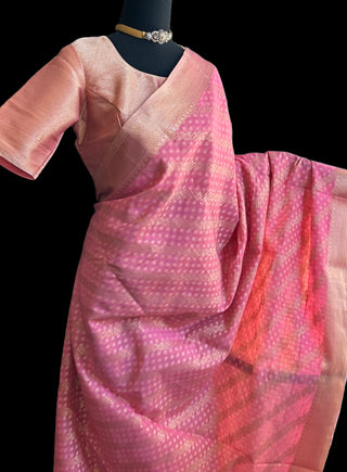 Pink Pure silk cotton beneras silk pastel saree with prestitched blouse