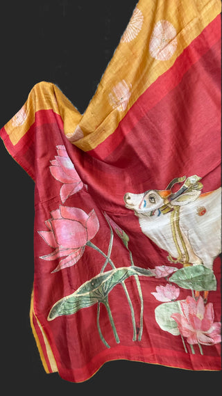 Mustard Tussar silk saree pichwai pallu online and hand painted kalamkari prestitched blouse