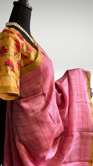 Pastel Pink pure Tussar checks gold zari silk with kalamkari hand painted silk stitched blouses Partywear Indian saree usa