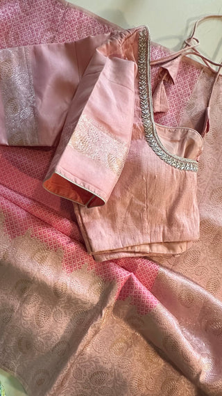 Brocade kanjivaram pink gold zari with stitched blouse.