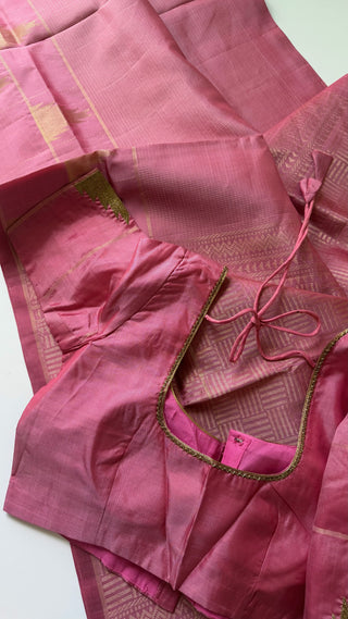 Pure Handloom Soft Silk Saree Lotus pink silk saree with embroidered  Stitched Blouse Indian handloom wedding pattu Saree Online USA Ready to Ship Saree Online USA Easy Drape