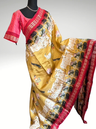 Vidharbha Tussar silk saree with pichwai prints stitched blouse Indian party wear silk saree online usa pure silk Indian wedding yellow silk saree
