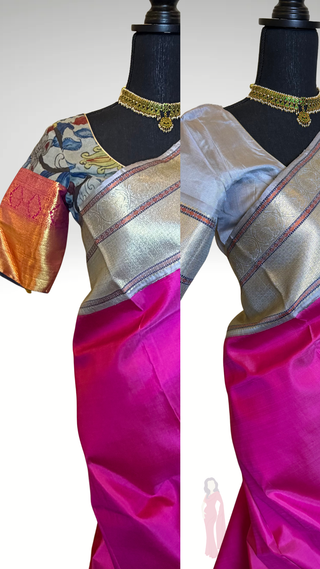 One saree two look’s Handloom Pink kanjivaram silk saree with kalamkari blouse two  stitched blouse  Indian wedding muhurtam silk bridal blouse online shopping usa Diwali