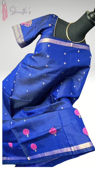 Pure Handloom Soft Silk Saree dark blue silk saree with embroidered  Stitched Blouse Indian handloom wedding pattu Saree Online USA Ready to Ship Saree Online USA Easy Drape