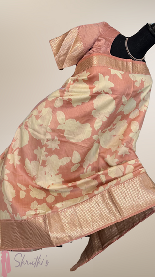 Pastel Light Peach  floral chinya blue  silk sarees with stitched blouse