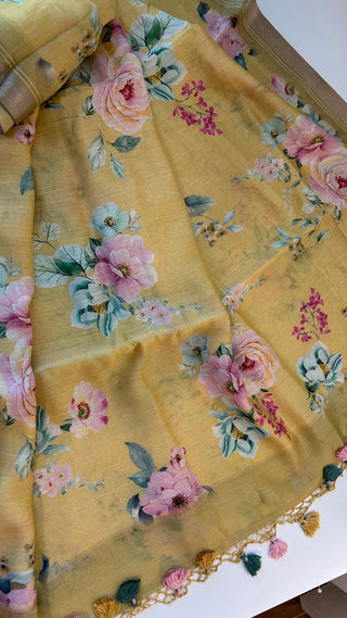 Printed Pastel Yellow  floral chinya  silk sarees with stitched blouse