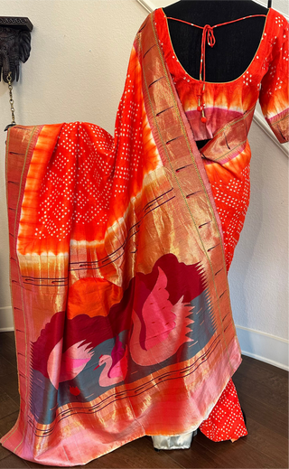 Orange Bandhani  Paithani silk saree online usa paithani sarees usa comes with stitched blouse