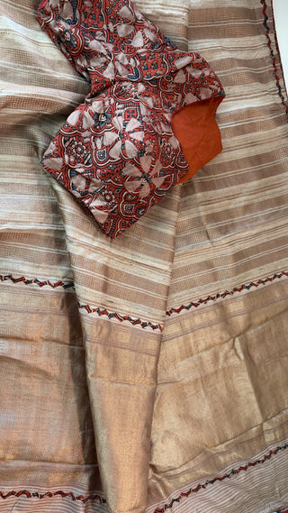 Tussar handloom silk with cut work kalamkari embroidered border saree online shopping with prestitched blouse