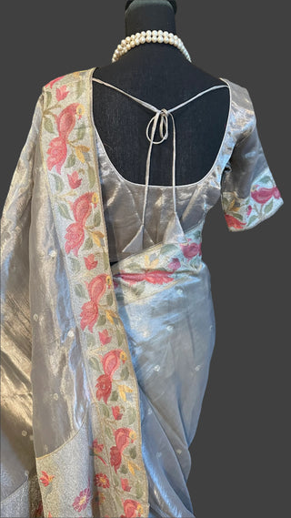Grey silver tissue Organza soft weave paithani silver borders with stitched blouse
