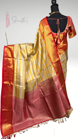 Gold Tissue red border Kanjivaram kalyana pattu ven pattu pure zari Pellicheera beige silk saree bridal with stitched hand embroidered blouse design USA Ratnamala vintage gold saree