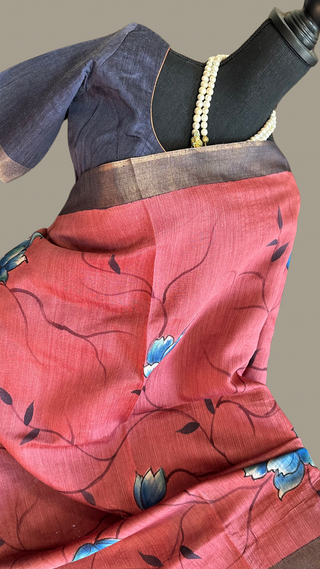 Salmon saree tussar Partywear hand painted  silk saree online gold zari borders with blouse