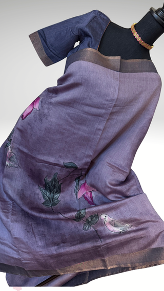 Tussar Silk handloom printed floral lavender violet Saree – Pure Silk Easy Drape Partywear & Indian Pooja Wear with Stitched Blouse | Online USA