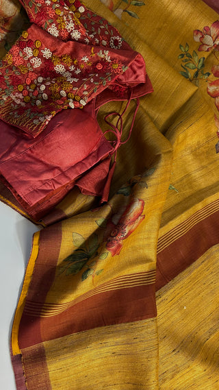 Mustard Gold Tussar pure silk saree embroidered blouse with pure handloom saree Handloom silk Tussar with embroidery silk blouses zari borders and fine checks Partywear bridesmaids