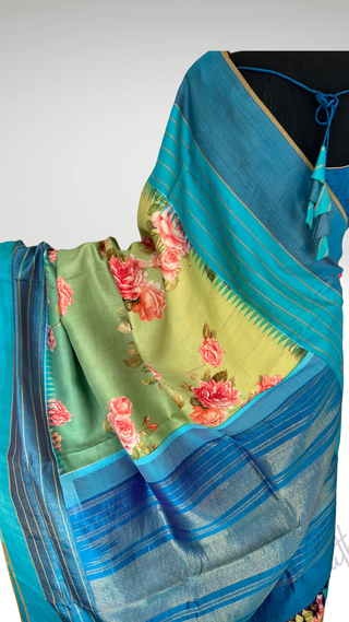Printed floral pure Kanchi pattu fusion saree with gold tissue  zari pallu easy drape pure silk saree usa