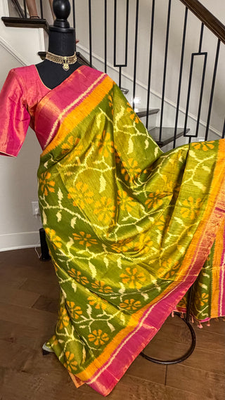 Patola Silk Saree pure silk saree raw silk finish with stitched blouse Partywear pooja wear ready to ship Saree USA