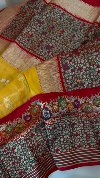 Banaras Pure yellow Tissue Silk Saree with silver  Zari Border – Ready to Wear Online USA