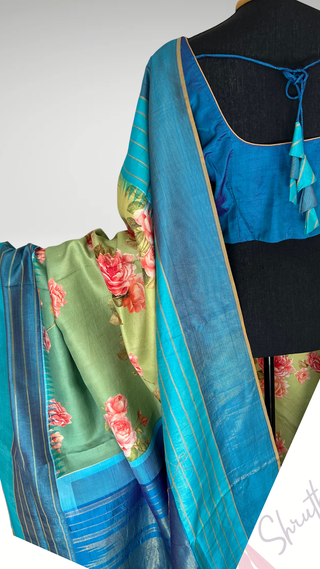 Printed floral pure Kanchi pattu fusion saree with gold tissue  zari pallu easy drape pure silk saree usa