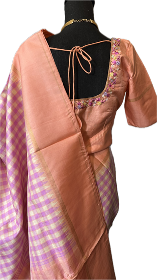 Pastel pure kanjivaram  silk checks saree with hand embroidered blouse