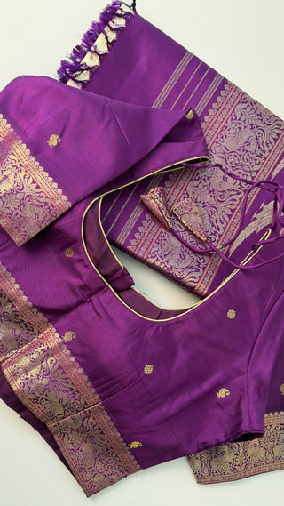 Ven Pattu kanjivaram purple  Kanchi pattu saree gold silver zari Indian wedding saree pure silk saree with stitched blouse usa online shopping
