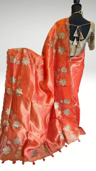 Pure Tissue Red pure silk saree stitched blouse brocade silk ready to wear altered to fit  online USA