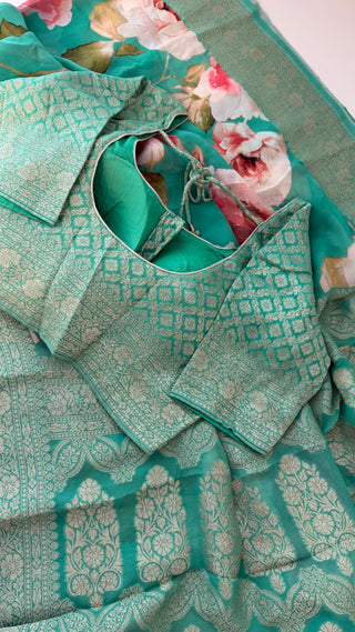 Floral sarees pastel partywear saree  teal Georgette beneras silk zari borders saree stitched blouse