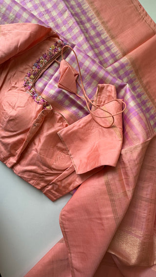 Pastel pure kanjivaram  silk checks saree with hand embroidered blouse