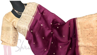 Burgundy Wine Red Handloom Banaras raw mango silk Pure Silk Saree with Gold Zari Border – Ready to Wear Online USA