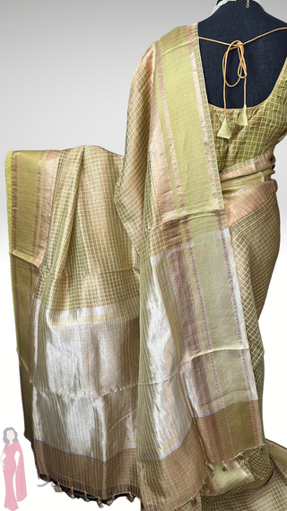 Pure Tissue Beneras checks handwoven pure silk saree stitched blouse saree readymade online USA