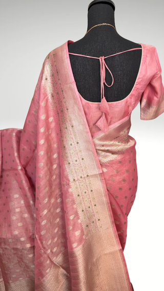 Banaras Pure Mauve Pink Tissue Silk Saree with silver  Zari Border – Ready to Wear Online USA