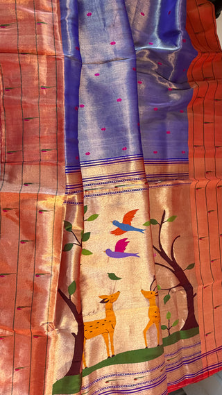 Original Tissue Pure  Paithani silk half over handwoven pastel saree online usa  all over pure zari paithani sarees usa comes with stitched blouse.