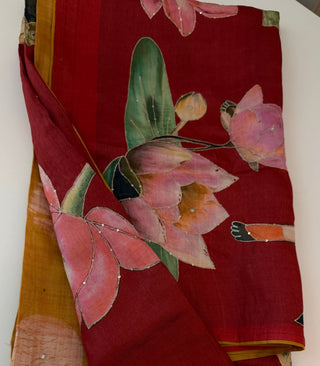 Handwoven Tussar painted pichwai one of kind print tussar silk saree  online and prestitched blouse