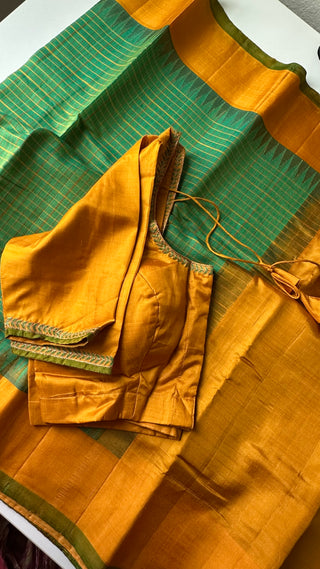 Gadwal handwoven silk cototn body saree with embroidered stitched blouse