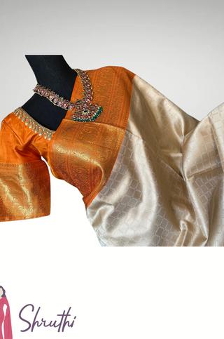 Ven pattu Orange saree White Cream and purple pure zari kanjivaram silk saree with prestitched blouse embroidered blouse