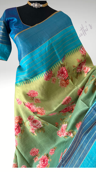 Printed floral pure Kanchi pattu fusion saree with gold tissue  zari pallu easy drape pure silk saree usa
