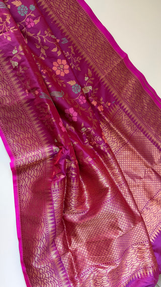 Magenta  Pure katan Benerasi silk saree with stitched  embroidered blouse online shopping usa