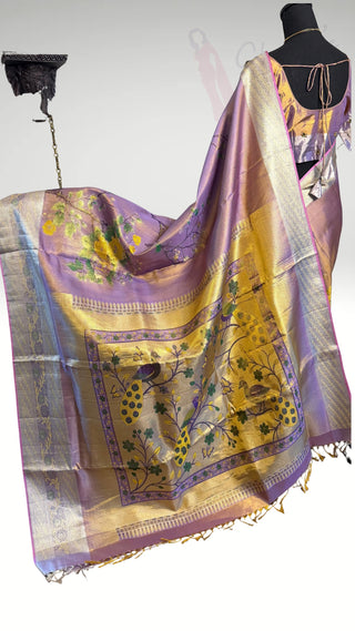 Kanjivram silver tissue woven floral design lavender pure kanchi pattu saree online shopping with embroidered stitched  blouse usa