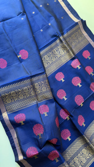 Pure Handloom Soft Silk Saree dark blue silk saree with embroidered  Stitched Blouse Indian handloom wedding pattu Saree Online USA Ready to Ship Saree Online USA Easy Drape
