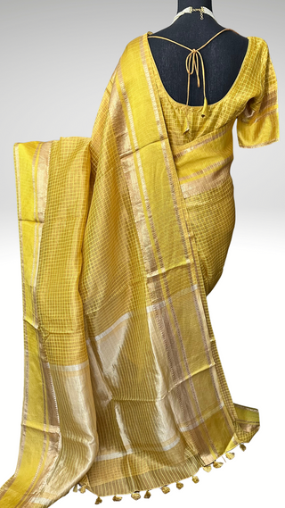 Pure Tissue Beneras yellow checks handwoven pure silk saree stitched blouse saree readymade online USA