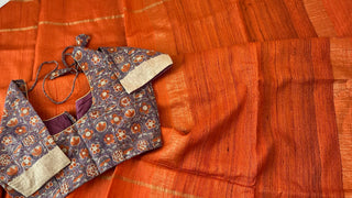 Orange pure tussar silk with Kalamkari blouse silk blouses Partywear Indian saree usa