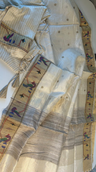 Cream Tussar pure silk paithani inspired thread border pallu online