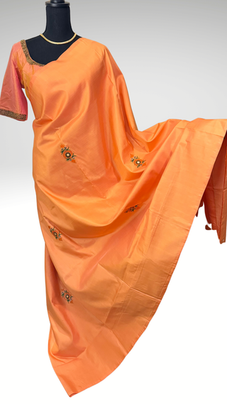 Tanjore Hand painted saree peach Kanchi pattu yellow saree with gold pallu easy drape pure silk saree usa