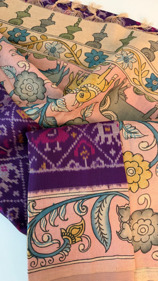 Pure pen purple kalamkari pure Handloom ikat silk pattu saree pen kalamkari saree with blouse online usa Hand painted