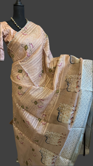Pichwai Print Organza saree mauve with prestitched blouse- party wear Organza