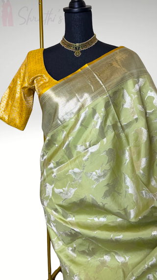 Pure Handloom Kanjivaram Pastel Green silk saree silver zari online stitched blouse hand embroidered blouse  one of a kind elegant easy drape twill silk saree online shopping