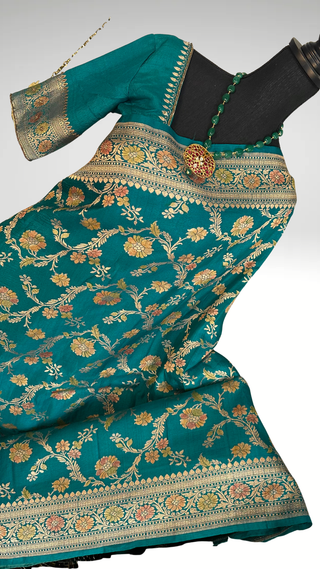 Benerasi Tussar Georgette Katan silk saree online shopping with prestitched blouse