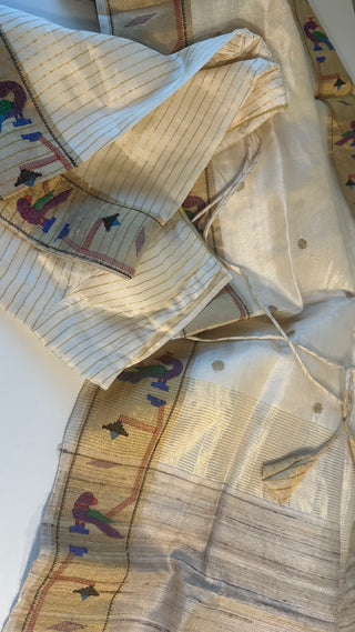 Cream Tussar pure silk paithani inspired thread border pallu online
