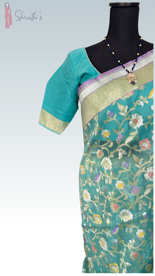Handloom Banaras Kora Iktara Pure Silk Saree with Gold Zari Border – Ready to Wear Online USA