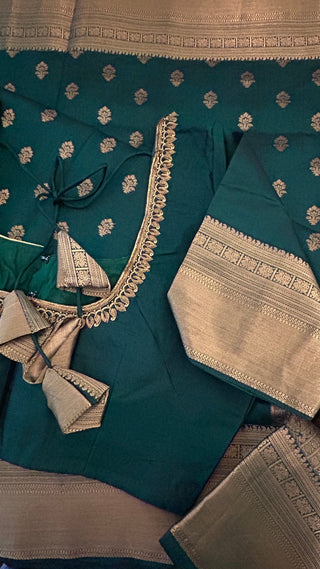 Bottle Green Handloom Kanjivaram Silk Saree with Embroidered Blouse – Wedding & Party Wear Saree Online USA