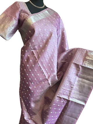 Mauve silver kanchi pure zari  kanchi pattu saree fine weave kanchi pattu bridal